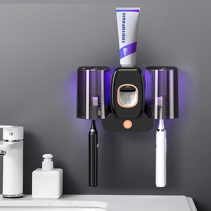 LXIANGN 3 in 1 Toothbrush Cleaner Holders,Rechargeable Wall Mounted Toothbrush Holder Toothpaste Dispenser Automatic 2 Cups Tooth Brush Holder for Bathroom, No Drilling, 4 Slots (Black)