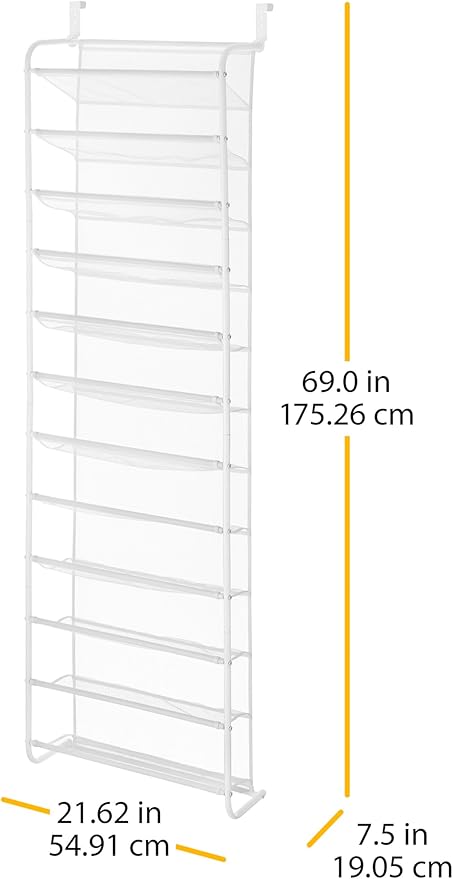 Whitmor 36 Pair Over the Door Shoe Organizer, 12 Tier Hanging Shoe Organizer, Heavy Duty Metal & Mesh Shoe Holder, Hanging Shoe Rack for Closet Organizer & Storage, 74"L x 21.7"W x 7.5"H, White