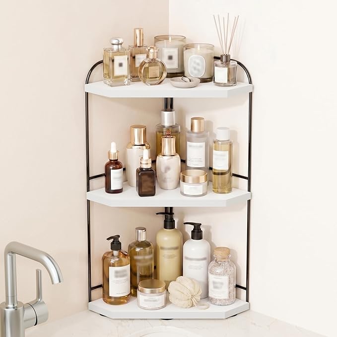 Corner Bathroom Counter Organizer, 3-Tier Wood Countertop Organizer for Perfume, Makeup Storage, Skincare Organizers for Vanity, Counter Corner Shelf for Kitchen, Bathroom, Dresser (White)