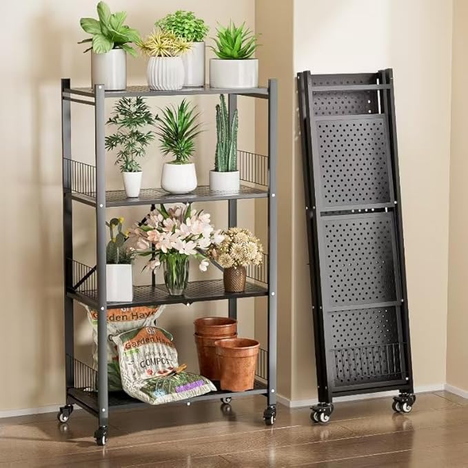 Folding Storage Shelves, 4-Tier Metal Foldable Shelf Shelving Rack Organizer On Rolling Wheels in Kitchen Warehouse Patio Pantry Garage Collapsible Shelves No Assembly (Black, 4-Layer)