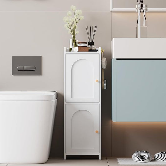 Arbuxzuy Small Bathroom Storage Cabinet,Corner Floor Cabinet with 2 Doors and Adjustable Shelf, Narrow Toilet Paper Cabinets with 2Hooks,Toilet Organizer for Small Spaces，7.87"D*9.84"W*29.72"H(White)