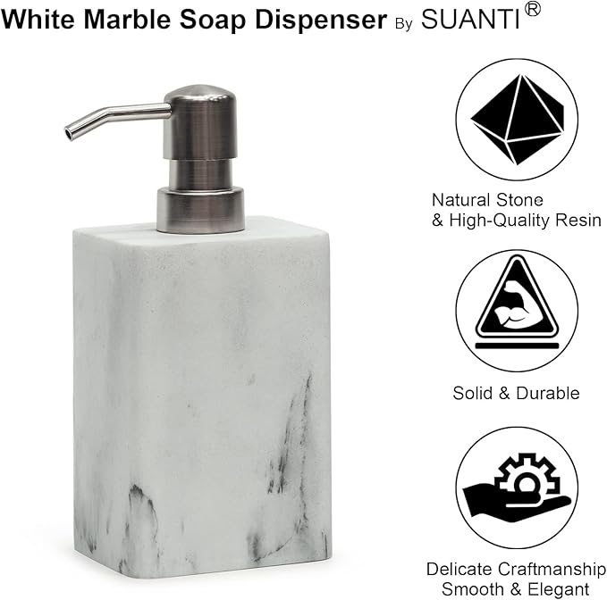 2Pcs/Set Resin Marble Style Soap Dispenser Sets -15oz Luxury Bathroom & Kitchen Dispenser with No-Leak Pump, Refillable for Soap/Lotion, Dish Hand Wash Shower Lotion Shampoo (White)