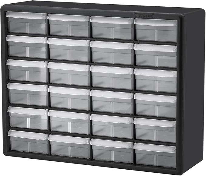 Akro-Mils 24-Drawer Plastic Drawer Storage Cabinet for Garage Organization, Bead Organizer, Building Bricks Storage, Teacher Toolbox, Makeup Organizer, 20" W x 6" D x 16" H, 10724 Black