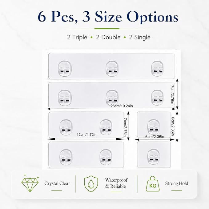 Strong Adhesive Shower Caddy Replacement, 6 Pack No Drill Adhesive Hooks for Bathroom & Kitchen Rack, Holds 40lbs, Waterproof & Transparent Strips for Tile, Glass, Smooth Walls