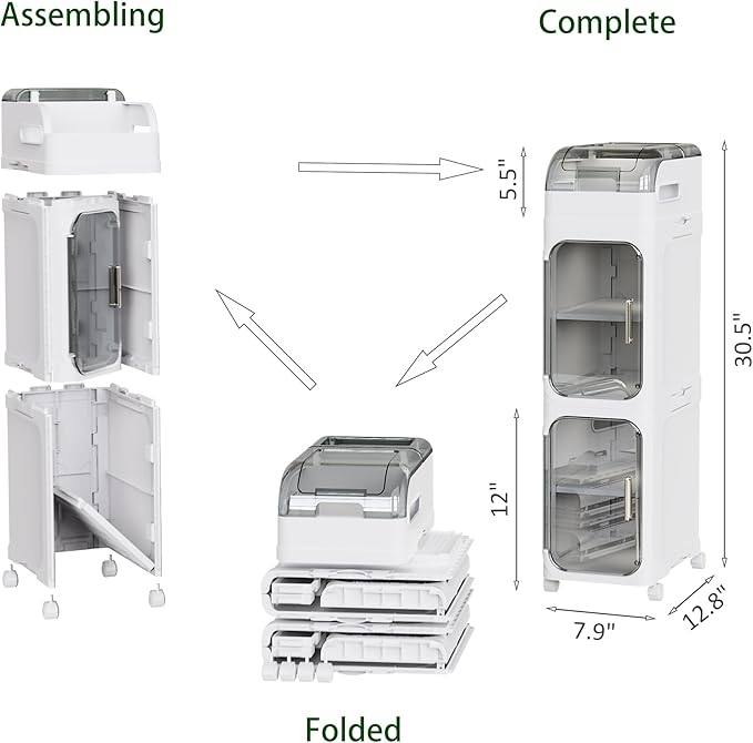 BINSIO 3-Tiers Toilet Paper Storage, Slim Bathroom Organizers and Storage, Bathroom Counter Organizer, Foldable Organizer Storage Cabinet, Portable Laundry Room Organization, Plastic White Clear Doors