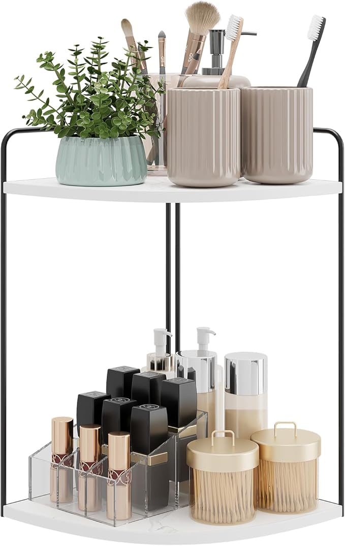 Forest Angle Bathroom Counter Organizer,Countertop Organizer,Vanity Organizers,Bathroom Storage,Bathroom Sink Caddy,Counter Shelf,Corner Counter,Corner Shelves(Black-White Marble)