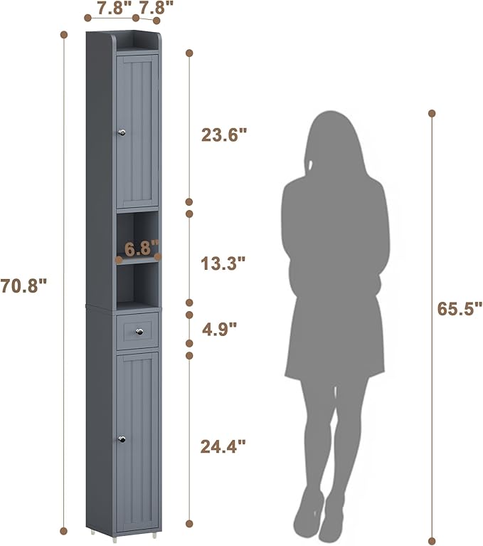 ChooChoo Narrow Bathroom Storage Cabinet with Adjustable Shelves, Tall Storage Cabinet with 2 Doors and 1 Drawer, Freestanding Cupboard for Small Spaces, Grey