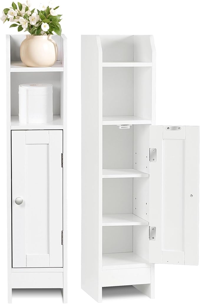 SUPER DEAL Small Bathroom Storage Corner Cabinet Set of 2, Narrow Floor Bathroom Toilet Paper Storage Organizer with Adjustable Shelves for Small Space, White