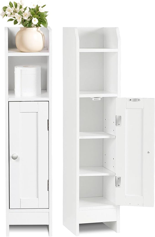 SUPER DEAL Small Bathroom Storage Corner Cabinet Set of 2, Narrow Floor Bathroom Toilet Paper Storage Organizer with Adjustable Shelves for Small Space, White