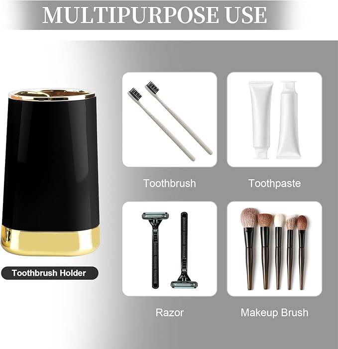 Bathroom Accessories Set, 2Piece Black and Gold Bathroom Accessories Include Soap Dispenser and Toothbrush Holder for Modern Bathroom Decor