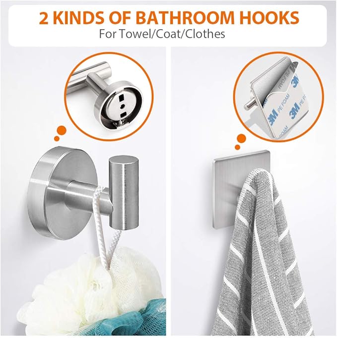Tudoccy 5-Pieces Bathroom Hardware Set Brushed Nickel SUS304 Stainless Steel Round Wall Mounted - Includes 16" Hand Towel Bar, Toilet Paper Holder, 3 Robe Towel Hooks,Bathroom Accessories Kit