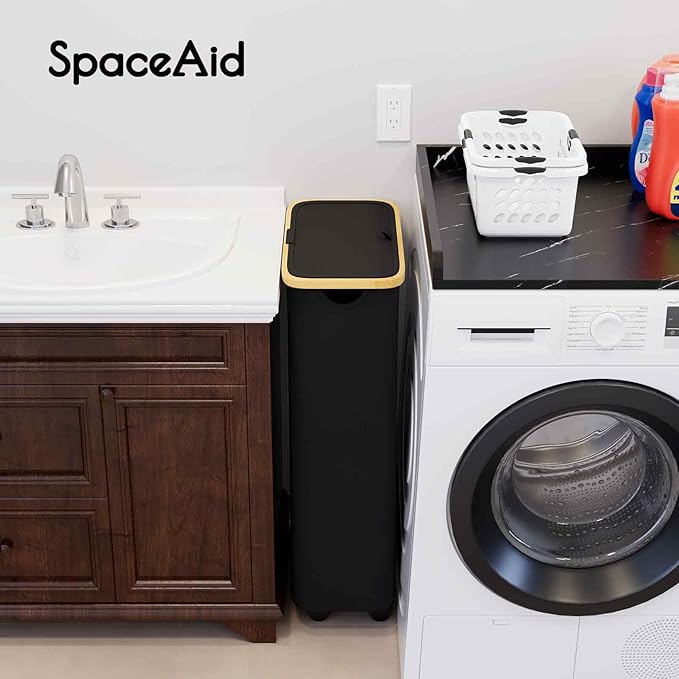 SpaceAid Slim Laundry Hamper with Wheels and Lid,62L Rolling Narrow Clothes Basket with Bamboo Handle, Large Laundry Hamper for Bedroom, Bathroom, Dorm, Laundry Room - Black