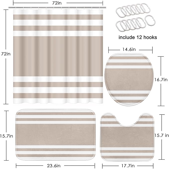 Striped Beige Shower Curtain Set with Toilet Lid Cover and Non-Slip Rugs for Bathroom, Minimalist Modern 4 Pcs Shower Curtain, Neutral Bathroom Set with 12 Hooks