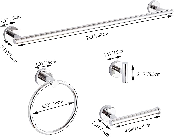 Chrome Bathroom Hardware Set 10 Piece with Towel Racks for Bathroom, SUS304 Stainless Steel Bath Towel Bar Set, 24 Inch Wall Mounted Accessories Kit