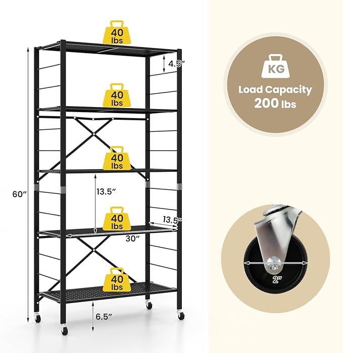 GOFLAME 5-Tier Folding Storage Shelves Set of 2, Adjustable Shelves with Wheels, Detachable Shelving Unit, Large Capacity, Storage Rack for Garage, Kitchen, Balcony, Living Room, Black