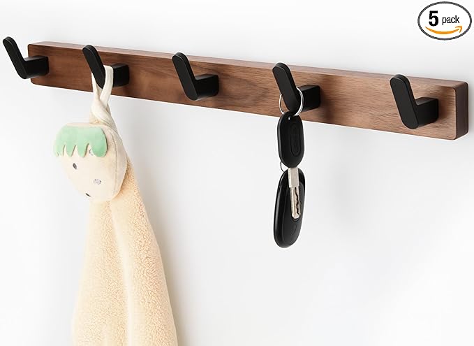 17 Inch Walnut Wood Wall Mounted Coat Rack with 5 Black Hooks, Adhesive Mounted Entryway Hooks, Modern Natural Wooden Pegs for Hanging Coat Clothes Hat Bag Purse Key and Towel