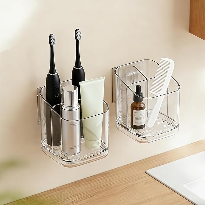 Toothbrush Storage Rack, 3 Slots Toothbrush Organizer with Dividers, Wall Mounted Toothpaste Holder Organizer for Bathroom Countertop Kitchen Office