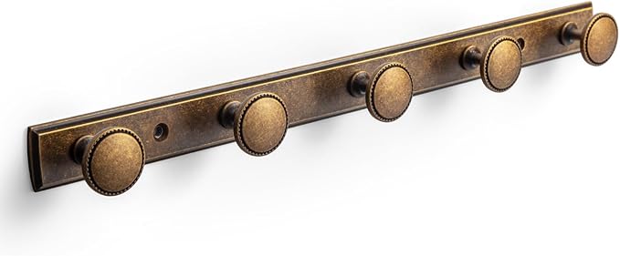 Goo-Ki Antique Brass Coat Rack Wall Mount, Heavy Duty Zinc Alloy Wall Mounted Coat Hooks with Escutcheon Backplate, Vintage Hat and Towel Hanger Rail for Entryway, Bathroom and Mudroom (5 Hooks)