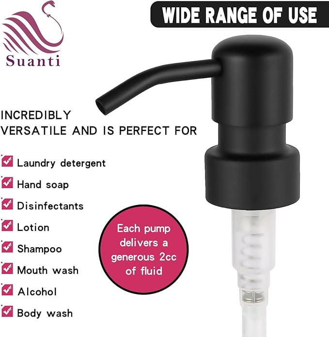 2-Pack Stainless Steel Soap and Lotion Dispenser Pumps, Replacement Pump Heads for Lotion Bottles, 28mm(1.10inch) Wide Mouth, Rust Proof & Leak Proof for Kitchen Bathroom Upcycling Elegant Black