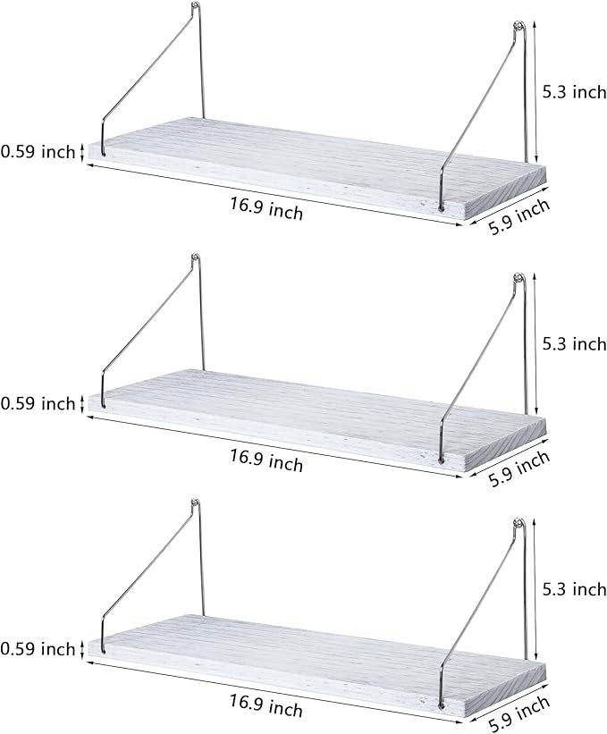 Floating Shelves Set of 3 Rustic Solid Wood Floating Shelf Wall Storage Shelves for Living Room, Bedroom, Bathroom, Kitchen Laundry, Office,no Drill Shelf(Grey and White Colour L+L+L)