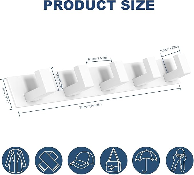 PMMASTO Stainless Steel Coat Rack Wall Mounted, Heavy Duty Metal Hook Rail for Hanging Coats Hats Towels Robes Bags, Modern Wall Hooks Organizer (White, 5 "L Hooks, 1PACK)