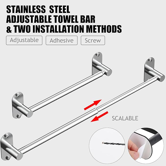 Towel Bar, Adjustable 14.4inch - 25.2inch Towel Rack, Self Adhesive Wall Mounted for Bathroom Kitchen Hand Towel Holder Cloths Hanger 304 Stainless Steel Organizer Single Bar (1, Chrome)