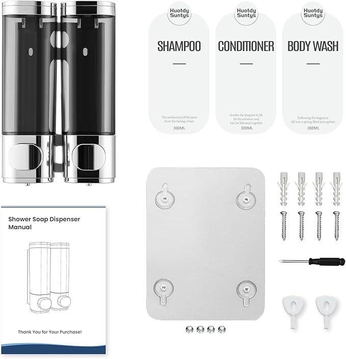 2-Chamber Shampoo and Conditioner Dispenser Shower Soap Dispenser 2 Chamber No Drill,Shower Soap Dispenser Wall Mounted,HUOTDY SUNTYS Body Wash Dispenser Set for Bathroom Toilet Hotel Kitchen(Chrome)