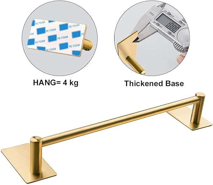 NearMoon Self Adhesive Bathroom Towel Bar- Stainless Steel Bath Wall Shelf Rack Hanging Towel Stick On Sticky Hanger Contemporary Style, NO Drilling (1 Pack, Brushed Gold, 9-Inch Towel Rack)