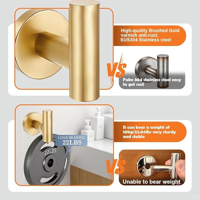 5 Pieces Brushed Gold Bathroom Hardware Accessories Set, SUS304 Stainless Steel 24 Inch Bath Towel Bar Set, Round Bathroom Towel Holder Set, Towel Racks for Bathroom Wall Mounted