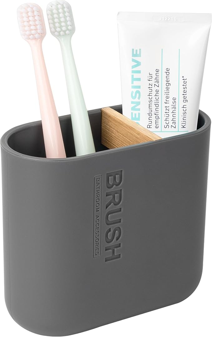 Toothbrush Holders Bamboo Electric Toothbrush Holder Bathroom Storage Organizer Countertop for Toothpaste, Floss, Razor, Grey