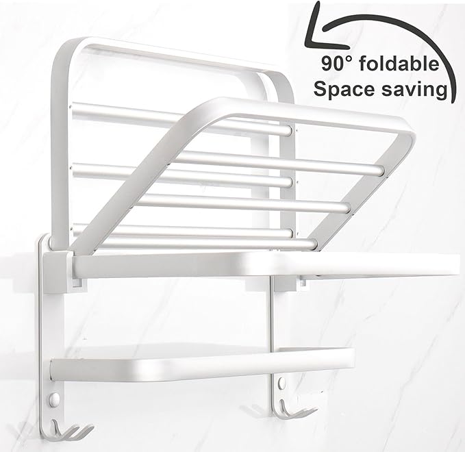 TocTen Towel Rack for Bathroom, Foldable Towel Holder with Double Towel Bars, Wall Mounted SUS304 Stainless Steel Bathroom Tower Shelf, Space-Saving Towel Hanger for Bathroom, Lavatory (Silver,24 in)