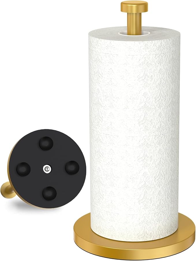 VEHHE Gold Paper Towel Holder Stand, Paper Towel Holder with Weighted Base and Suction Cups for Kitchen Bathrooms