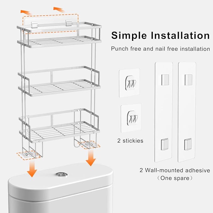FLOLXNB Over The Toilet Storage,3-Tier Bathroom Organizer Shelves with Paper Holder, Multifunctional Toilet Rack,No Drilling Storage Shelf, Home Storage Space Saver Wall Mounting Design,White