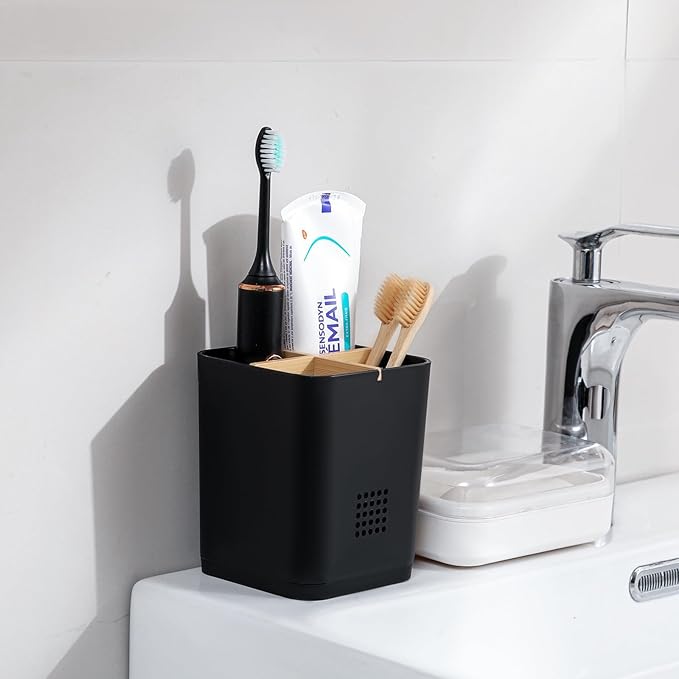 Toothbrush Holders Drainage for Bathrooms, 4 Slots Tooth Brushing Holder with Bamboo Dividers Plastic Electric Toothbrush and Toothpaste Caddy Organizer for Sink, Counter, Shower, Vanity, Black