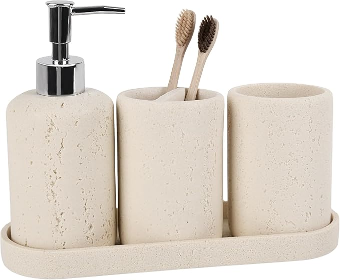 Bathroom Accessories Set,4 Piece Travertine Stone Look Bathroom Accessory Set with Soap Dispenser,Toothbrush Holder,Vanity Tray,Tumbler,Bathroom Organizer for Modern Bathrooms（Light Cream）