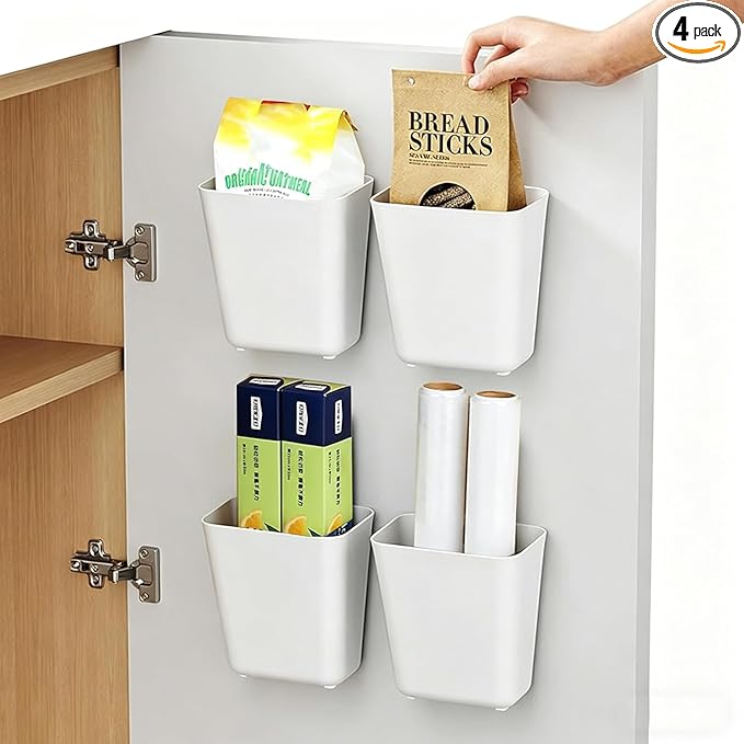4 Pack Cabinet Door Organizer, Self Adhesive Wall Mount Storage Bins, No Drilling Food Grade ABS plastic for Kitchen, Bathroom, Refrigerator, Wardrobe, Under Sink, Desktop Sundries