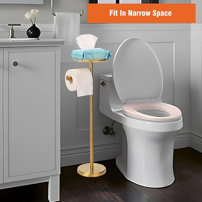 Tofix Freestanding Toilet Paper Holder with Shelf and Tray, Stainless Steel Base, Gold