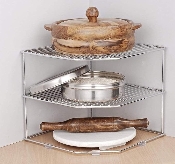 Stainless Steel 3-Tier Countertop Storage Rack For Corners, Multipurpose Stainless Steel Kitchen Plate Dish Corner Shelf Rack Stand Holder, Corner Shelf Organizer, Kitchen Organizers