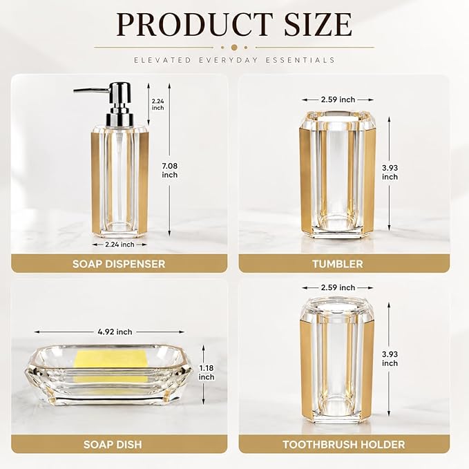 4-Piece Gold Bathroom Accessories Set — Soap Dispenser, Soap Dish, Mouthwash Cup & Toothbrush Holder, Acrylic with Brushed Gold Accent, Luxury Vanity Countertop Organizer
