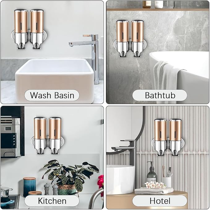 2 Chamber Wall Mounted Bathroom Shower Pump Dispenser and Organizer-Holds Shampoo, Soap, Conditioner, Shower Gel, for Bathroom Kitchen Hotel (Gold 2 Chamber)