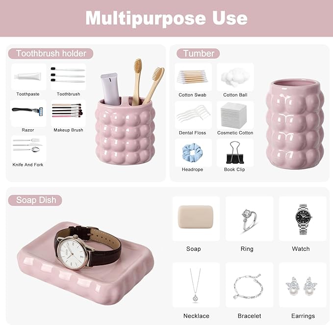 4 Piece Ceramic Bathroom Accessories Set –Soap Dispenser,Toothbrush Holder,Tumbler & Soap Dish,Includes Silicone Funnel,Non-Slip,Modern Farmhouse Countertop Organizer Set for Bathroom Decor, Pink