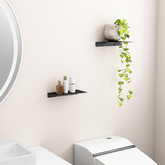 Danpoo 8 inch Small Floating Shelves for Wall Organizer & Storage, Mini Display Shelves, Metal Wall Shelves for Bathroom, Living Room, Kitchen, Bedroom(Matte Black, 2-Pack)