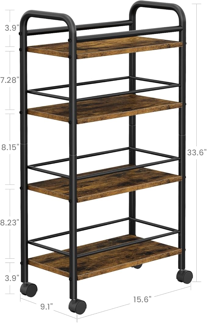 Asgolion Slim Storage Cart, 4-Tier Small Rolling Cart with Wheels, 9.1" Deep, Narrow Bathroom Shelf Trolley for Kitchen, Bathroom, Laundry Room, Rustic Brown Large 4-Tier (9.1" W x 33.6" H)