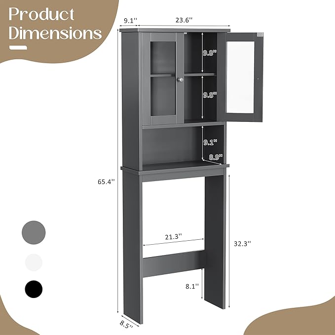Nuturelly Over The Toilet Storage Cabinet, Bathroom Storage Organizer with Adjustable Shelves and Double Glass Doors, Freestanding Above Toilet Storage with Open Shelf, Wooden Toilet Rack(Gray)