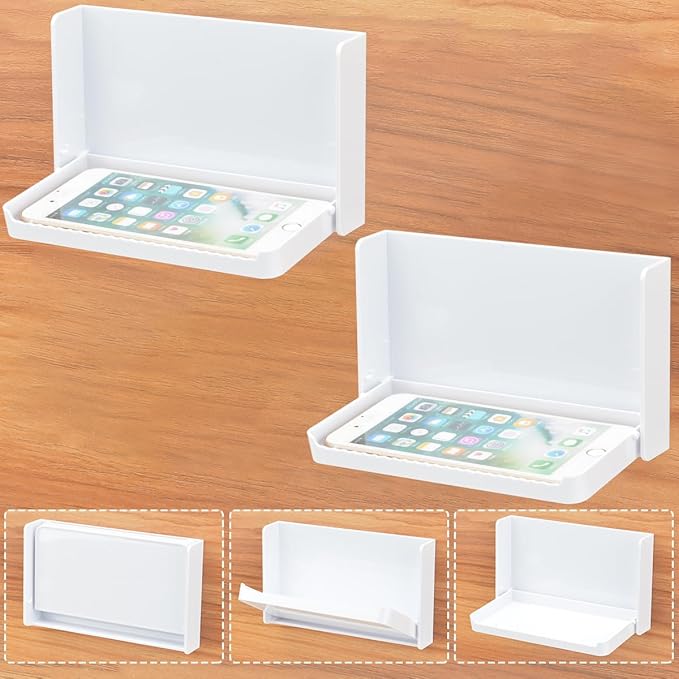 White Floating Wall Shelf - Foldable, Adhesive, Stick On, Tiny, Single, Mini, Mounted for Home, Office, Phone, Remote, Earphone (2 Pcs)