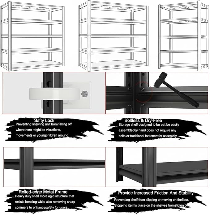 Adjustable Shelves Heavy Duty Storage Shelving Unit Black Steel for Office Garage Classroom Warehouse Studio 72" H x 36" W x 16.1" D 2000LBS 5-Tier