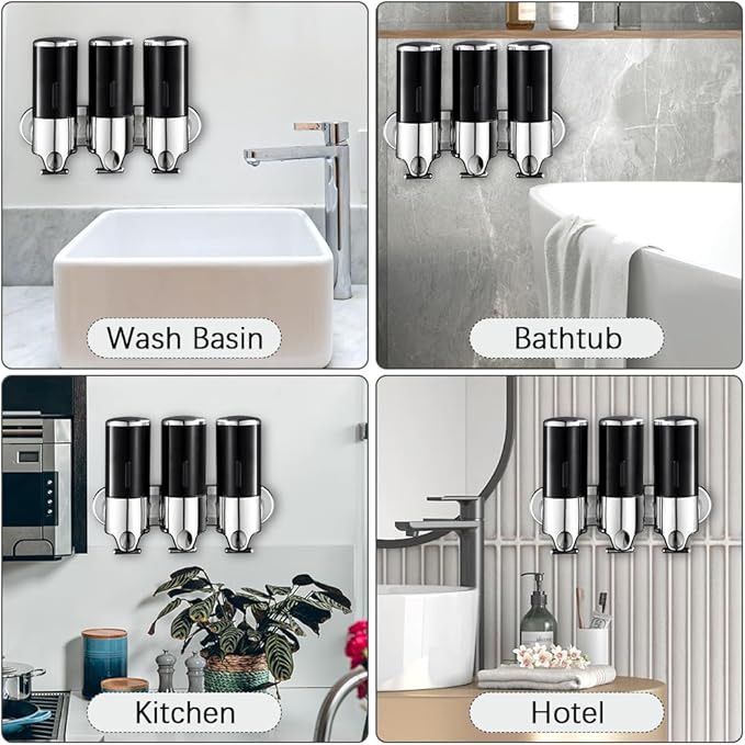 3 in 1 Chamber Wall Mounted Bathroom Shower Pump Dispenser and Organizer-Holds Shampoo, Soap, Conditioner, Shower Gel, for Bathroom Kitchen Hotel (3 Chamber
