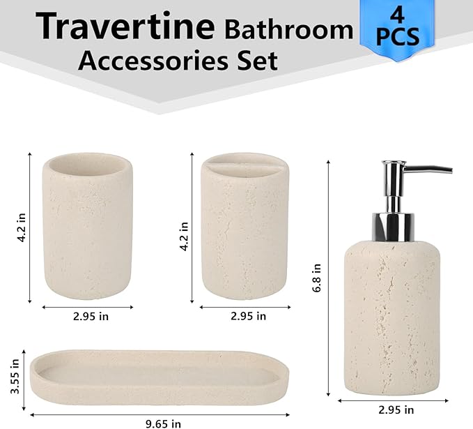 Bathroom Accessories Set,4 Piece Travertine Stone Look Bathroom Accessory Set with Soap Dispenser,Toothbrush Holder,Vanity Tray,Tumbler,Bathroom Organizer for Modern Bathrooms（Light Cream）