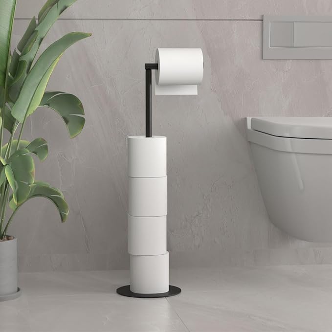 Bathroom Toilet Paper Holder Stand Modern Tissue Roll Stainless Steel Rustproof Freestanding Holder Matte Black (Black)
