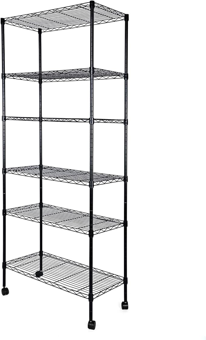HealSmart Heavy Duty 6-Tier Shelving Units Adjustable, Wire Shelf with 1000 lbs Capacity (250 per Shelf), 77cm D x 36.5cm W x 21.5cm H, Black, 6 Levels, Storage Shelf with Wheels & Leveling Feet